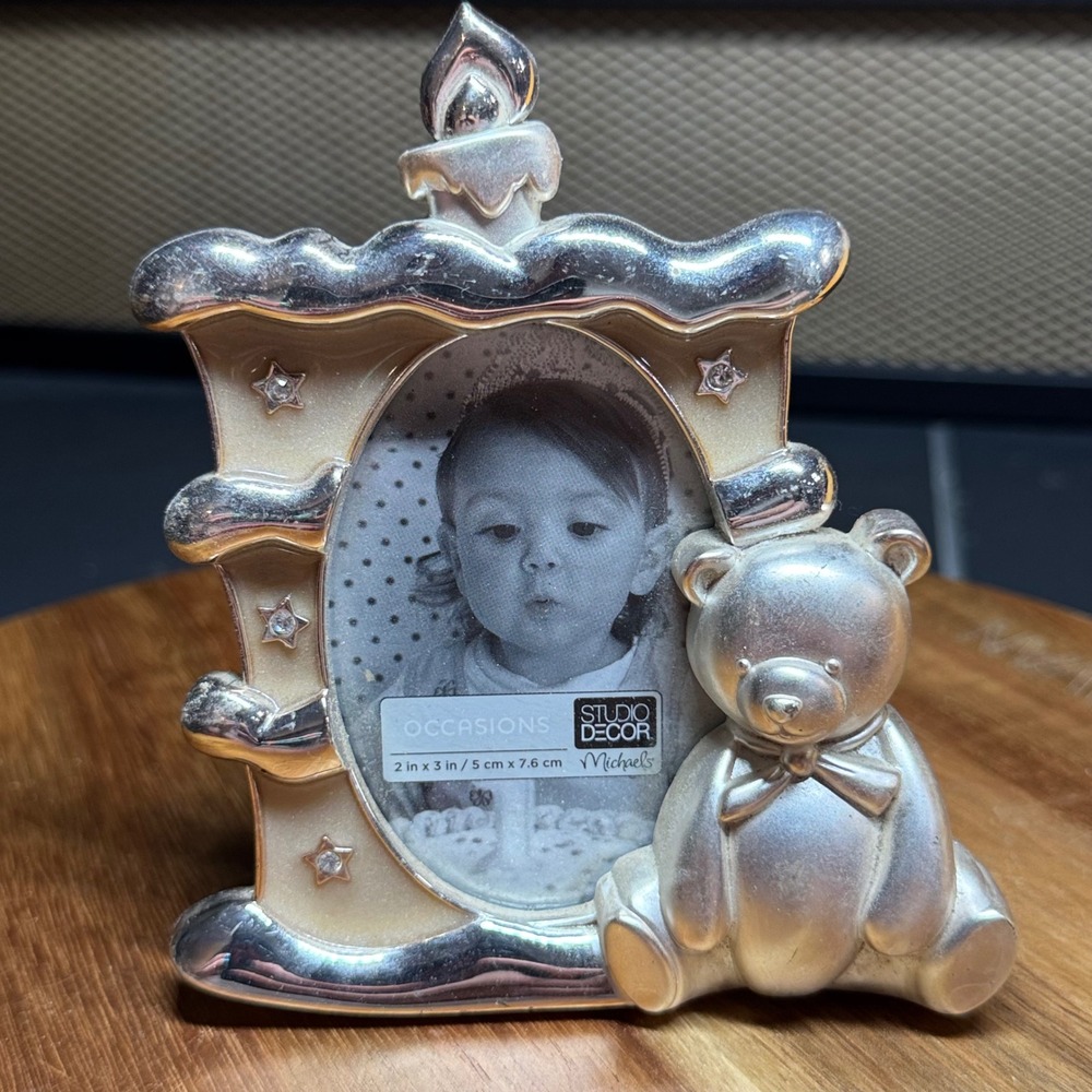 Studio Decor Silver Teddy Bear Candle 2x3 Picture Frame Occasions Michaels New